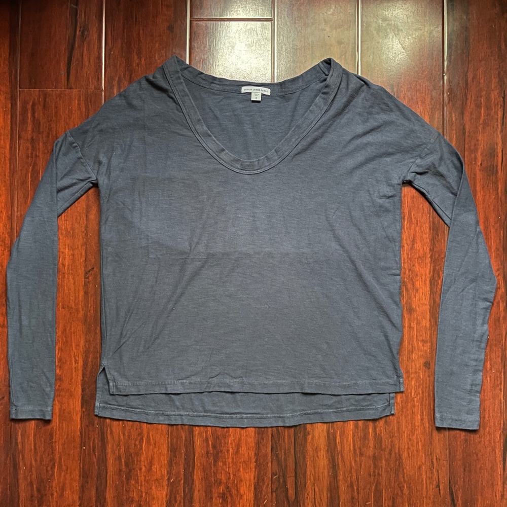 James Perse V-Neck Long Sleeve Shirt Navy Blue 100% Cotton USA Women's Size 0 XS